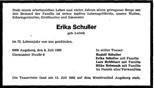 Lutsch Erika 1910-1982 Todesanzeige